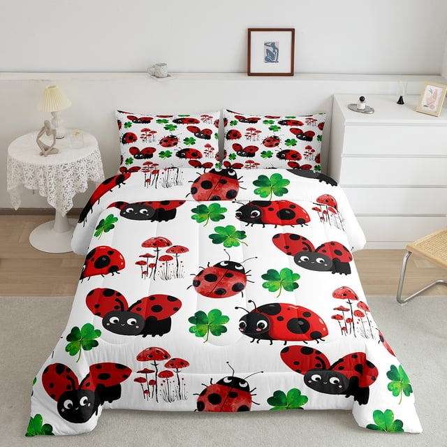Erosebridal Funny Ladybug Bedding Sets Queen with Comforter, Green Shamrock Duvet Insert, Spring Plant Decor, Microfiber 3pcs