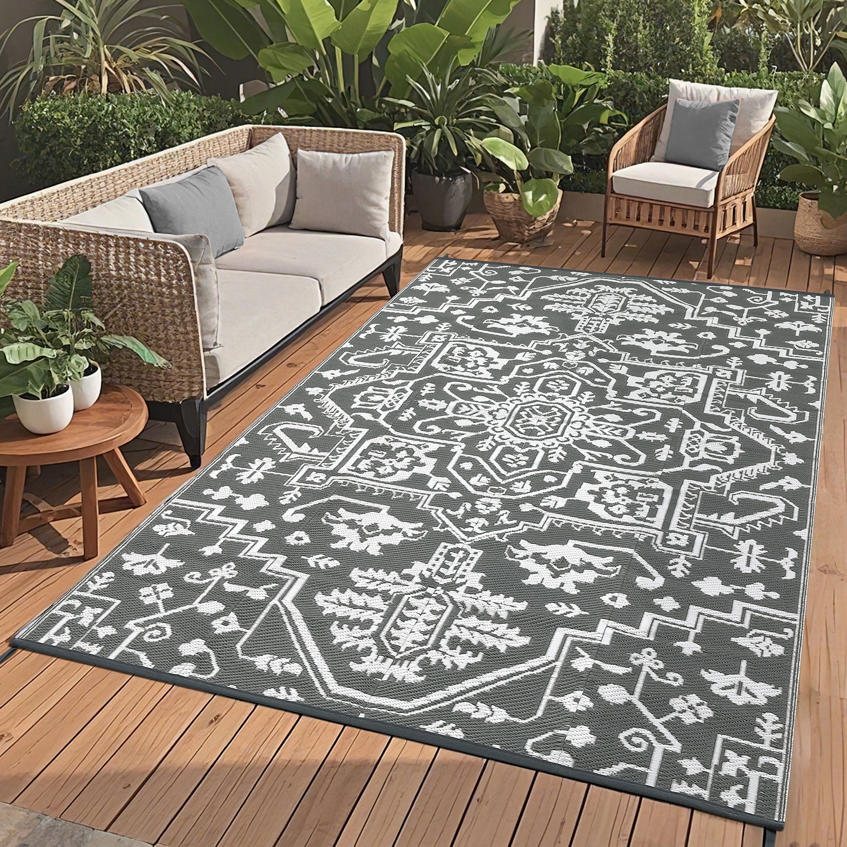 Garvee Large Waterproof Outdoor Rug, 9'x12' Reversible Plastic Straw Patio Rug Vintage Boho Camping Rugs UV-Resistant Outdoor Carpet for RV, Porch Deck Backyard Balcony, Gray