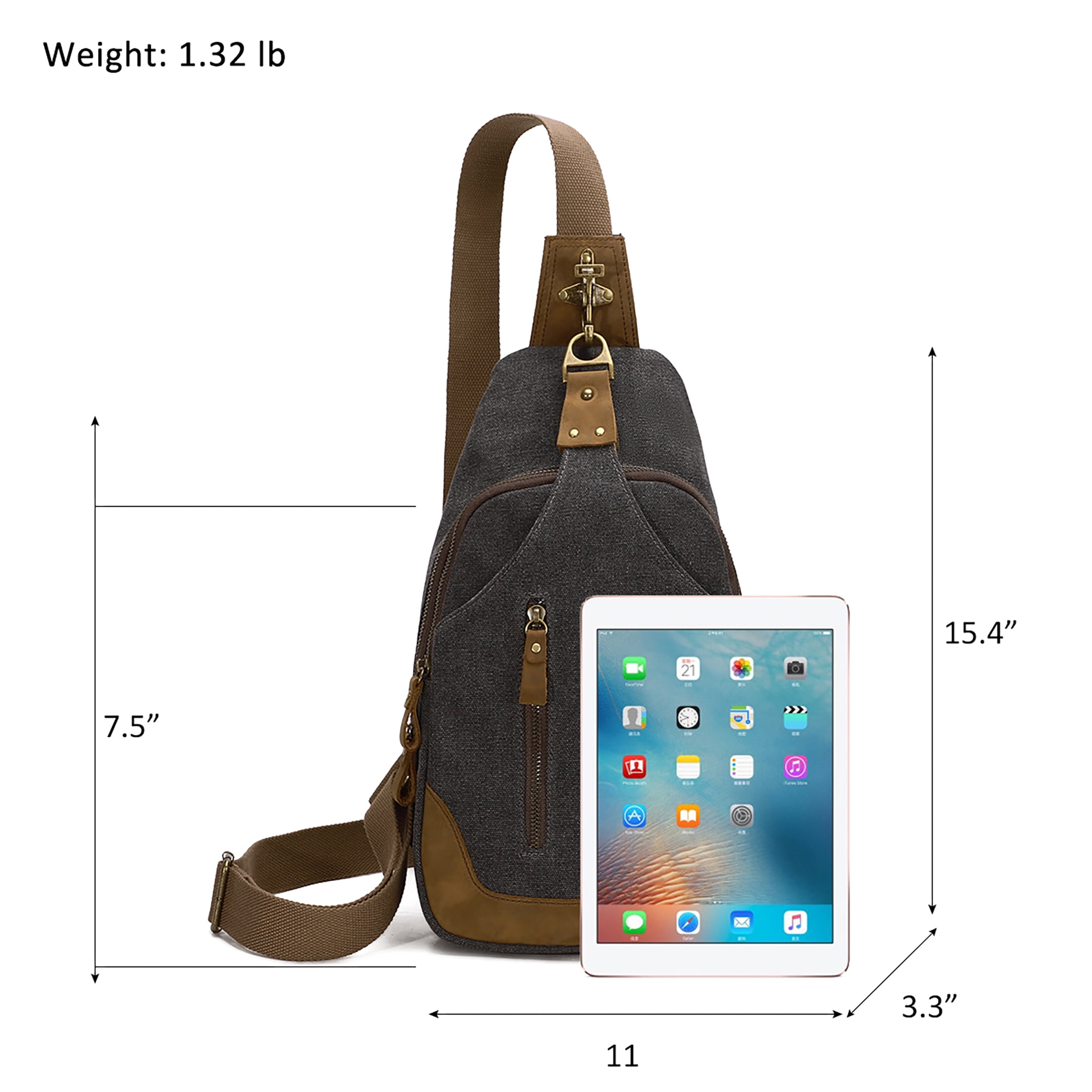 KL928 Sling Backpack Navy Blue Canvas with Brown Leather Trim Accents KL928 Canvas Sling Bag Shoulder Crossbody Backpack Casual  main image 3