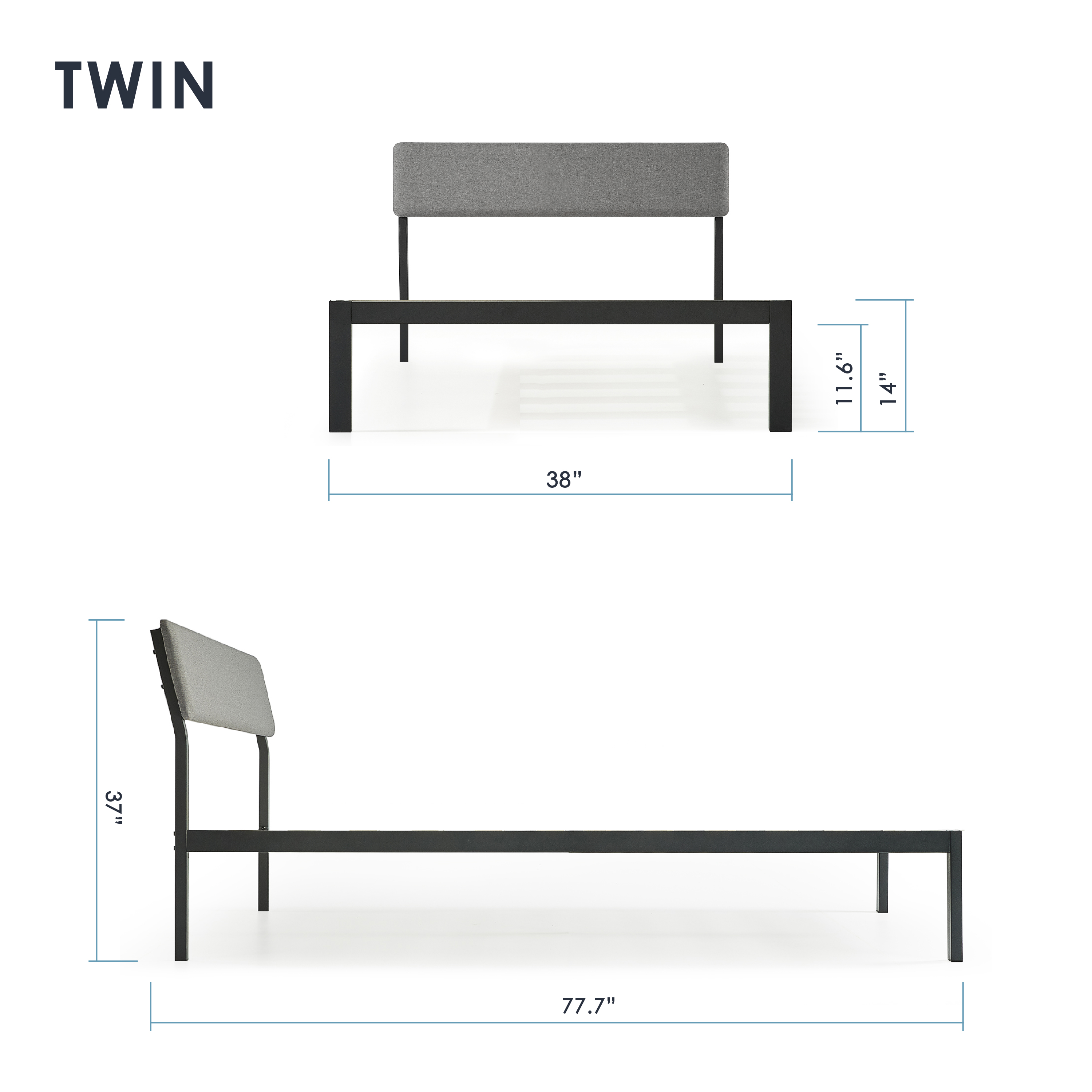 Mellow Kera Metal Platform Bed with Angled Upholstered Headboard, Solid Wooden Slats, Classic Gray, Twin