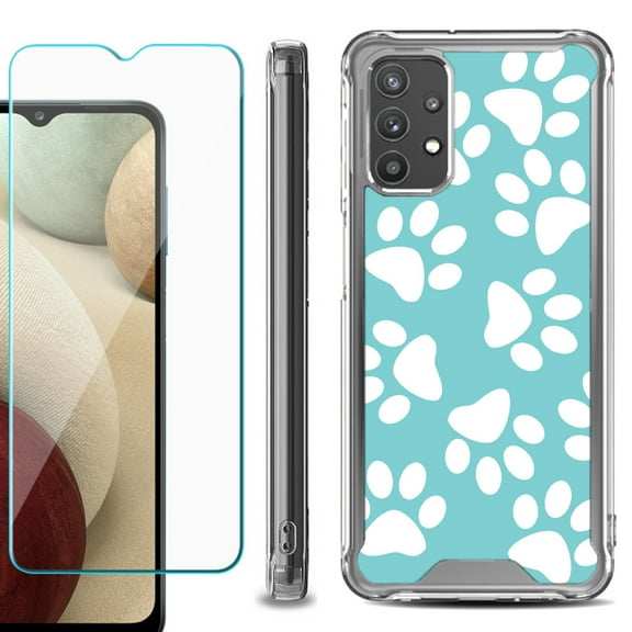 Shockproof Bumper Phone Case for Samsung Galaxy A32 5G, with Tempered Glass Screen Protector, by OneToughShield ® - Pet Paw / Teal