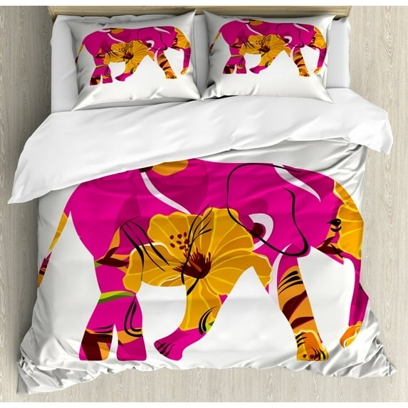 Exotic Duvet Cover Set Queen Size, Elephant Silhouette Ornamented with Tropical Flowers, Decorative 3 Piece Bedding Set with 2 Pillow Shams, Dark Yellow Magenta Charcoal Grey White, by Ambesonne