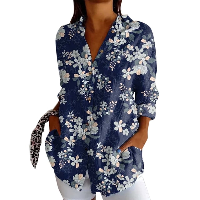 Puawkoer Nouveaux Hauts Habillés à la Mode pour Femmes Hauts Décontractés pour Femmes Longs Imprimés Décontractés Col Rabattu Hauts à Manches Raglan pour Femmes Hauts à Manches Courtes Chemise en Jean Chemises d'Automne pour Femmes