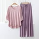 thumbnail image 2 of Conjunto de pijama con cuello en V para mujer: top de manga 3/4 y pantalones anchos, color liso, ropa de dormir ligera, tallas L/XL, 2 of 3