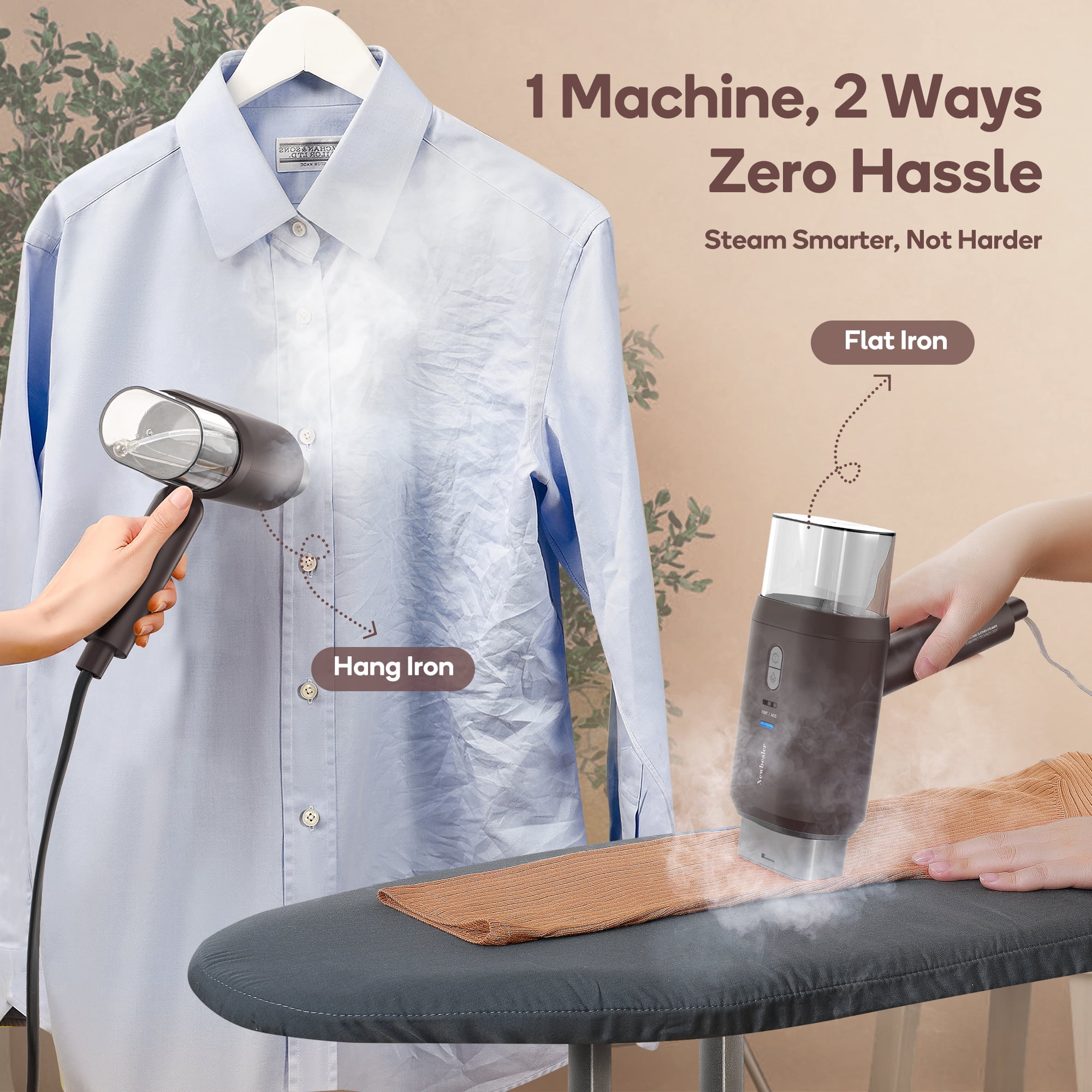 Newbealer Steamer for Clothes,120V-240V Dual Voltage Travel Size Garment Steamer,Horizontal & Vertical Steaming,Self-Cleaning for Global ＆ Europe Traveling,Chocolate