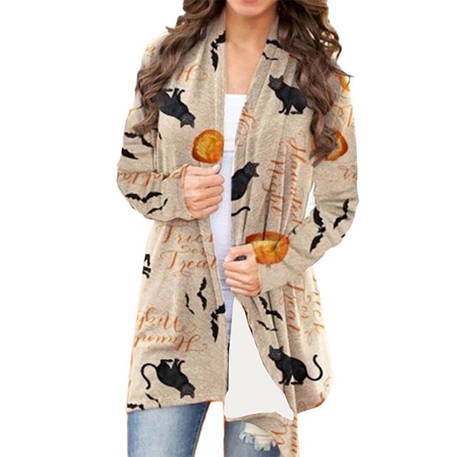 Abrigo De Manga Larga Con Estampado De Halloween, Mujer Abrigo Con Estampado De Halloween De Mujer Abierta Con Estampado De Halloween Abrigo De Manga Larga Con Frente Abierto De Halloween Diseño Exquisito