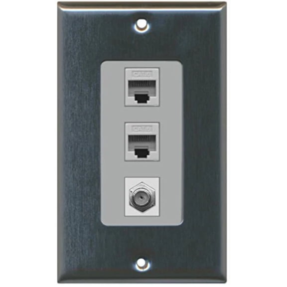 RiteAV Decorative 1 Gang Wall Plate (Stainless Steel/Gray) 3 Port - 2 x Cat6, 1 x Coax
