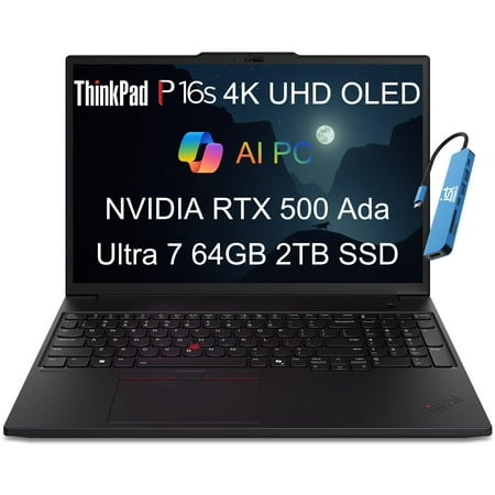 Lenovo ThinkPad P16s Gen 3 Mobile Workstation Laptop (16" 4K UHD OLED, Intel 16-Core Ultra 7 155H, 64GB DDR5, 2TB SSD, NVIDIA RTX 500 Ada) AI PC for Designer, Engineer, 5MP IR Webcam, Win 11 Pro, 2025