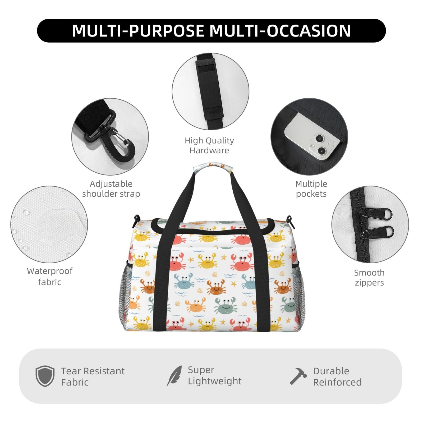 Fuzoiu Colorful Crabs Print Travel Duffle Bag,Carry On Tote Bags,Duffel Bag,Sport Gym Bag, Hospital Bag for Labor and Delivery, Overnight Bag,Luggage Bag