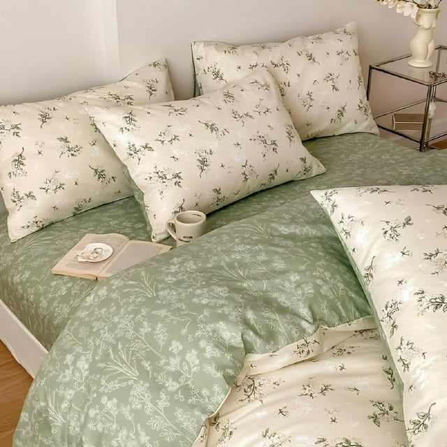 JOLUSERE Ensemble de Housse de Couette 100 % Coton Biologique, 3 Pcs Vert Vintage Floral Réversible Ensemble de Literie Doux Très Grand