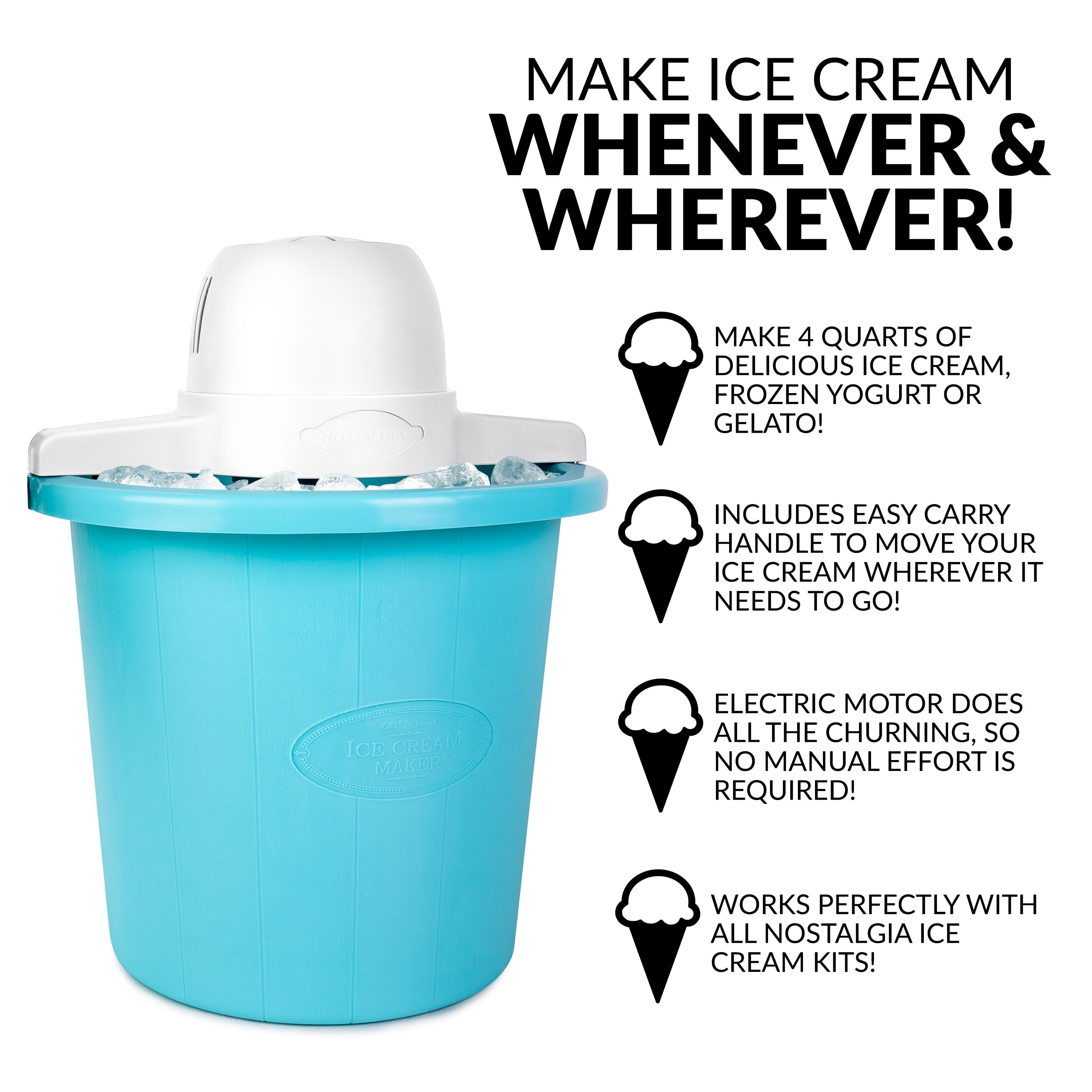  Nostalgia Electric Ice Cream Maker - Old Fashioned Soft Serve Ice  Cream Machine Makes Frozen Yogurt or Gelato in Minutes - Fun Kitchen  Appliance - Aqua - 4 Quart: Home & Kitchen