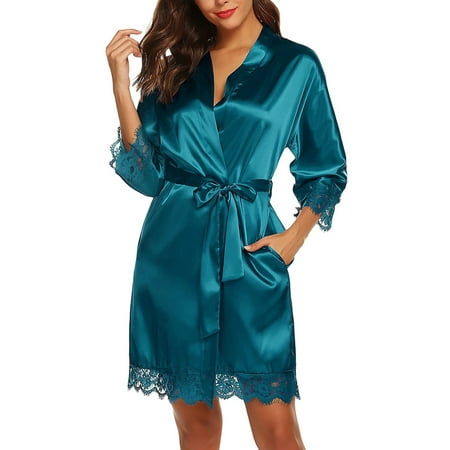 

Glonme Women Nightwear Solid Color Sleep Robe V Neck Cardigan Lingerie 3/4 Sleeve Ladies Short Mini Dress With Pockets Loose Plain Peacock Blue S