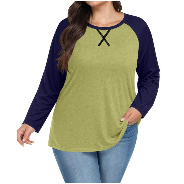 BLVB Plus Size Tops for Women Long Sleeve Casual Crewneck Ragal Shirts Color Block Tunic Henley Fall Blouse S-5XL