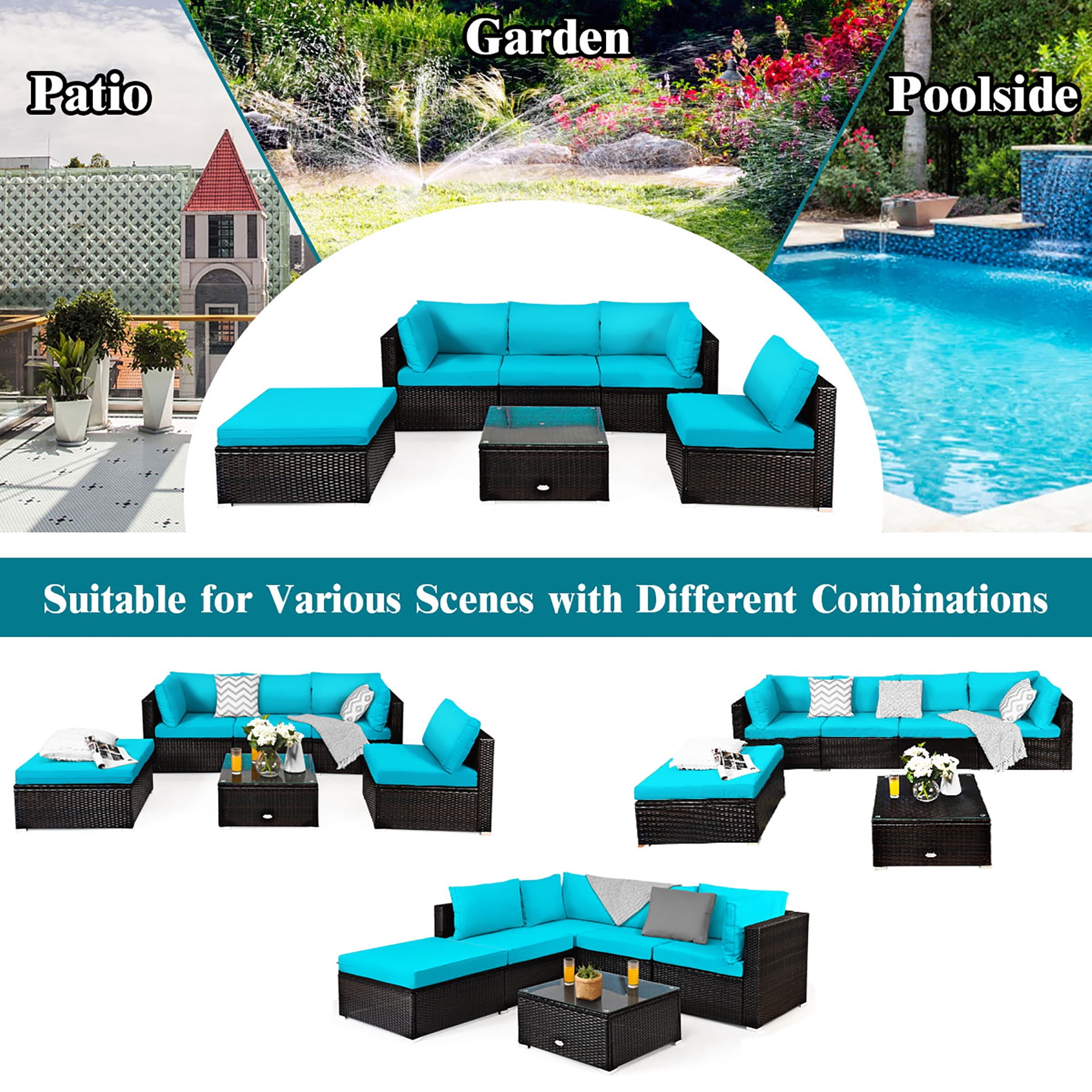 6PCS Outdoor Patio Rattan Furniture Set Cushioned Sectional Sofa Turquoise