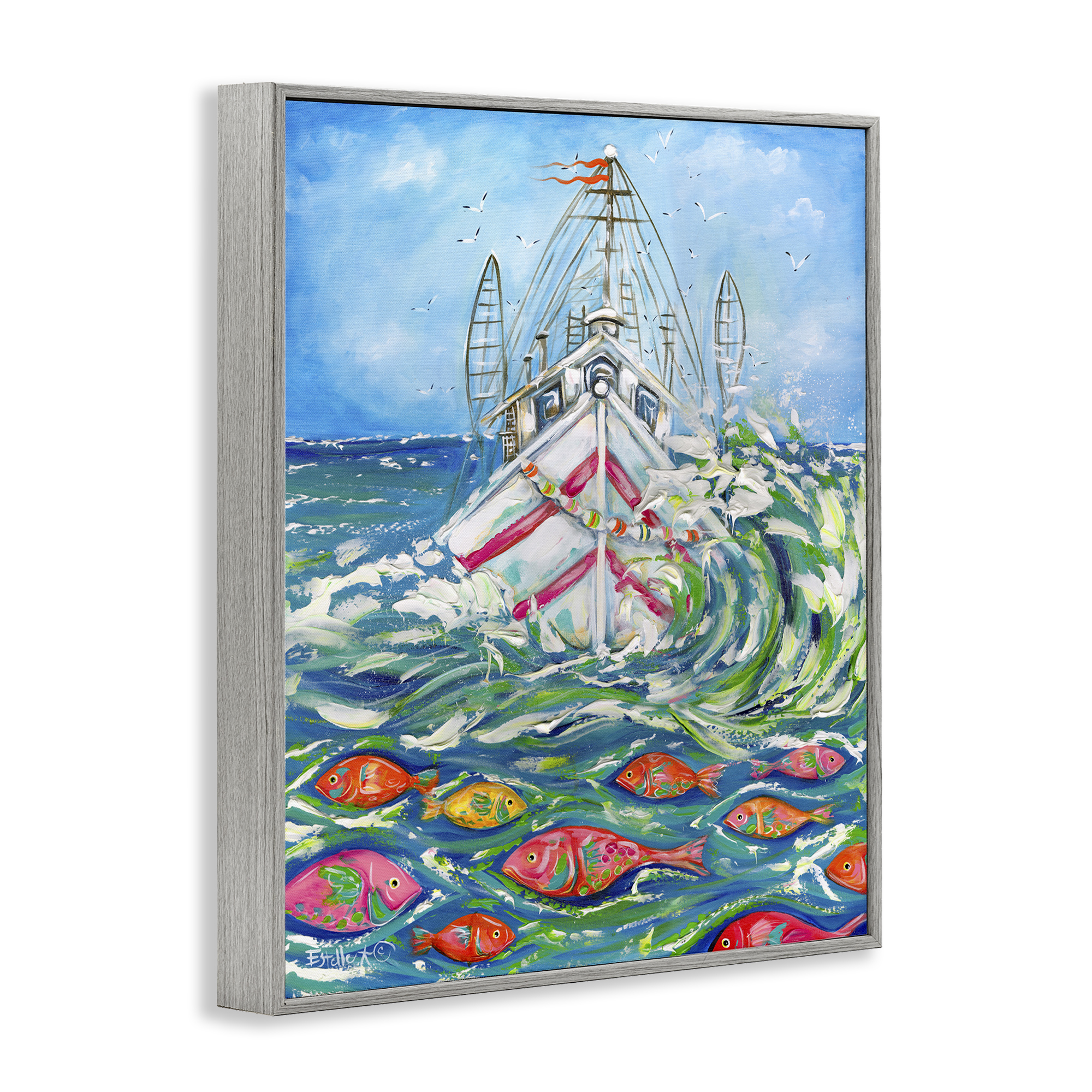 Stupell Industries Boat Net Splashing Transportation Painting Gray Framed Art Print Wall Art, 24 x 30