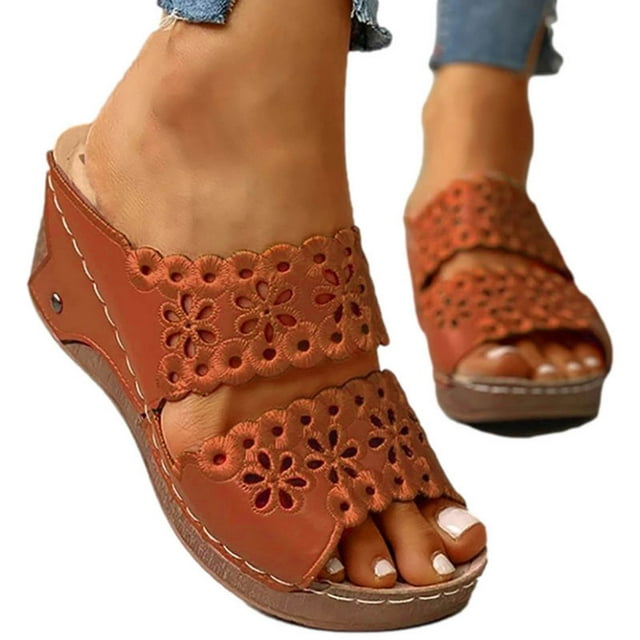 Fankiway Summer New Style Thick-Soled Slope with Embroidered Hollow with Roman Slippers