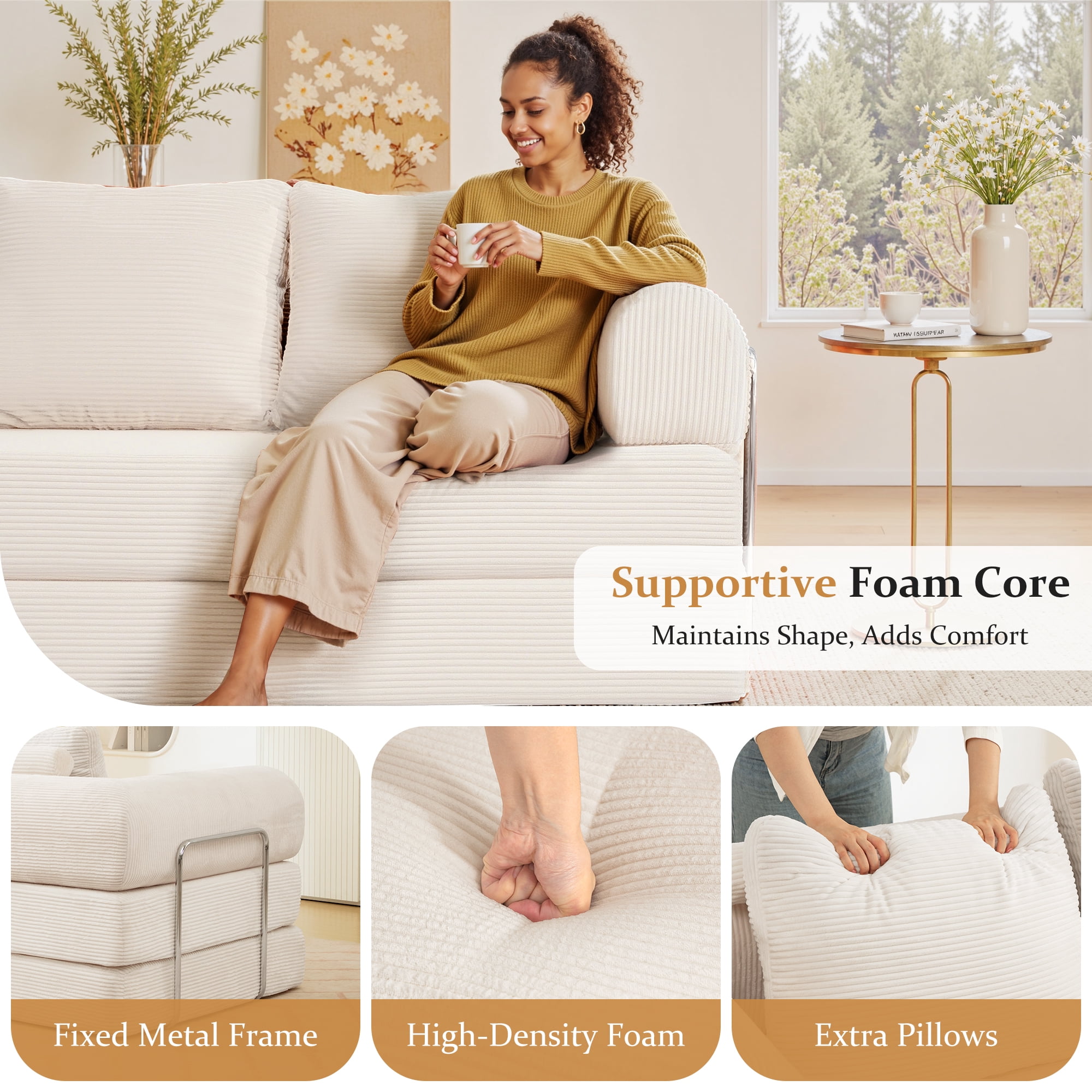 COOLHUT 63" W Convertible Sofa Bed, Foam Floor Sofa, Folding Sleeper Sofa Couch Bed with Six Frame, High Rebound Density Sofa, Corduroy Sofa Couch Bed for Living Room, Bedroom, Beige