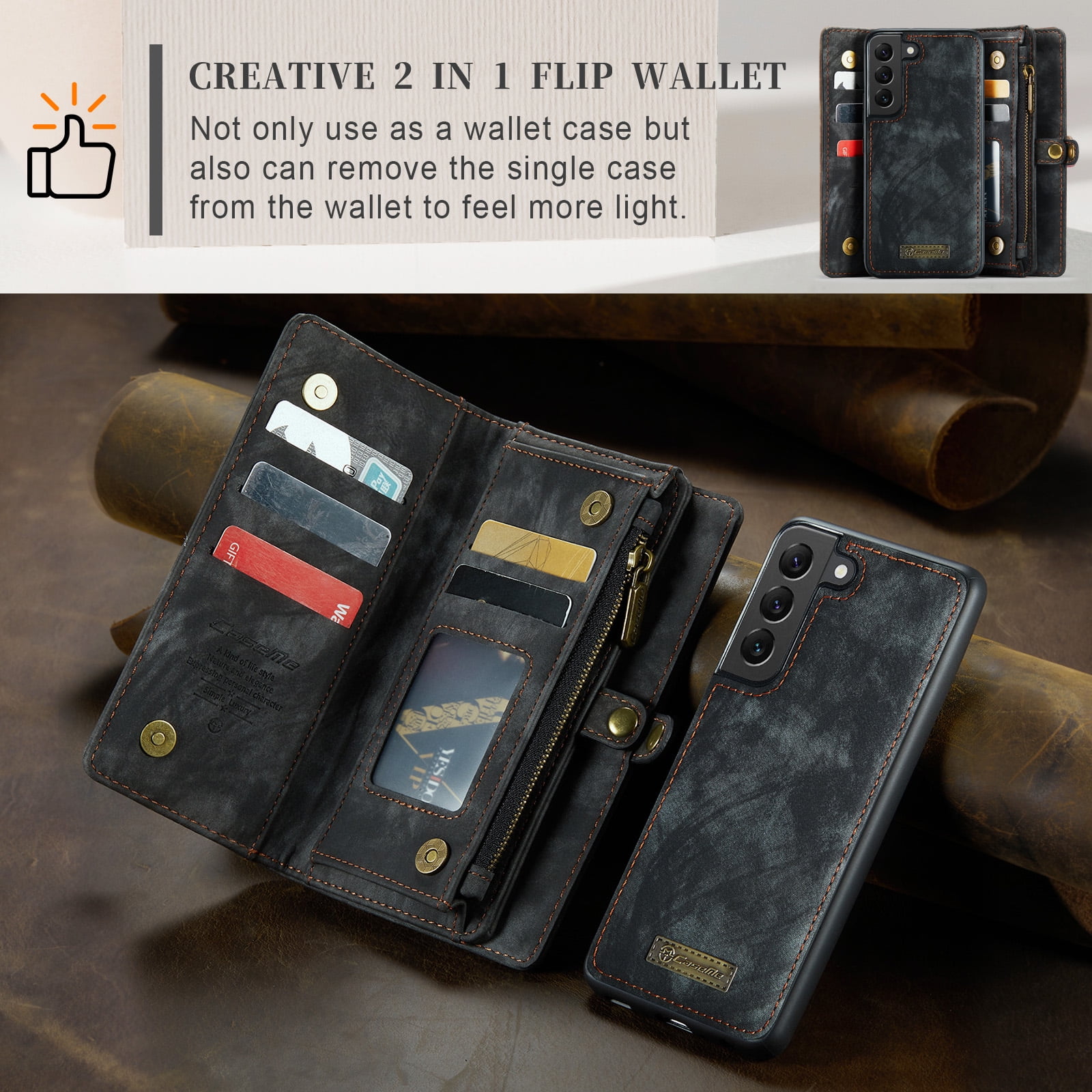 Feishell Durable 2-In-1 Magnetic Detachable Wallet Case for Samsung Galaxy S22,for Women Men,Premium PU Leather Zipper Pocket Flip Multi Card Slots Purse Phone Case with Wrist Strap,Black