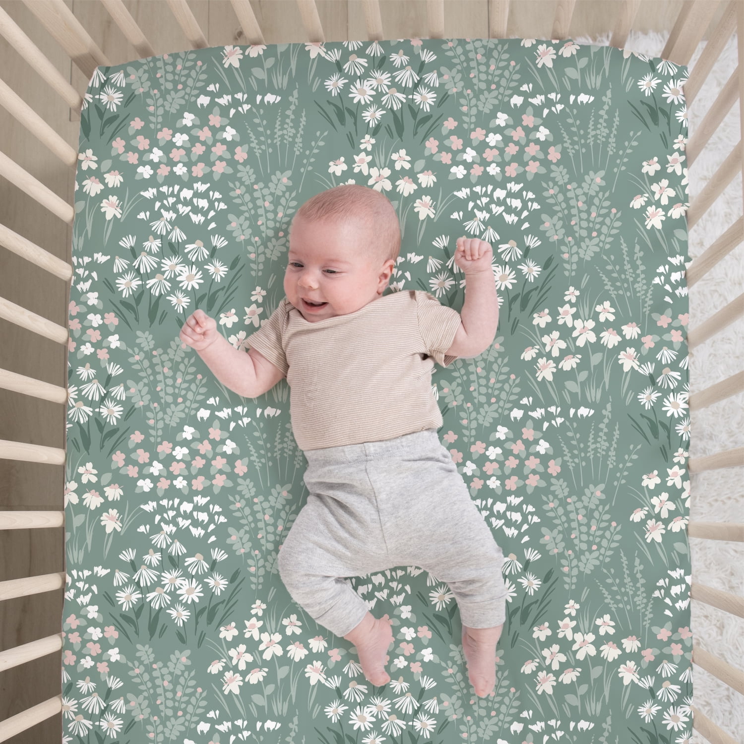 The Peanutshell Crib Bedding Set for Baby Girls, Sage Meadow, 3 Piece