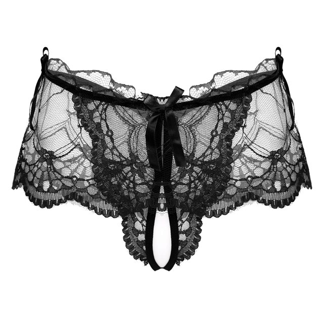 Men See-through Lace Crotchless Skirted Thong T-back Panties Low Rise Elastic Waistband Bowknot G-string Sexy Lingerie Underwear3XL Gong Bohan LED