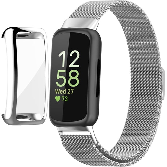 MYKOMI Compatible for Fitbit Inspire 3 Bands with Case, Metal Braided Strap Magnetic Clasp, Stainless Steel Mesh, Soft TPU Bumper Cover for Men Women