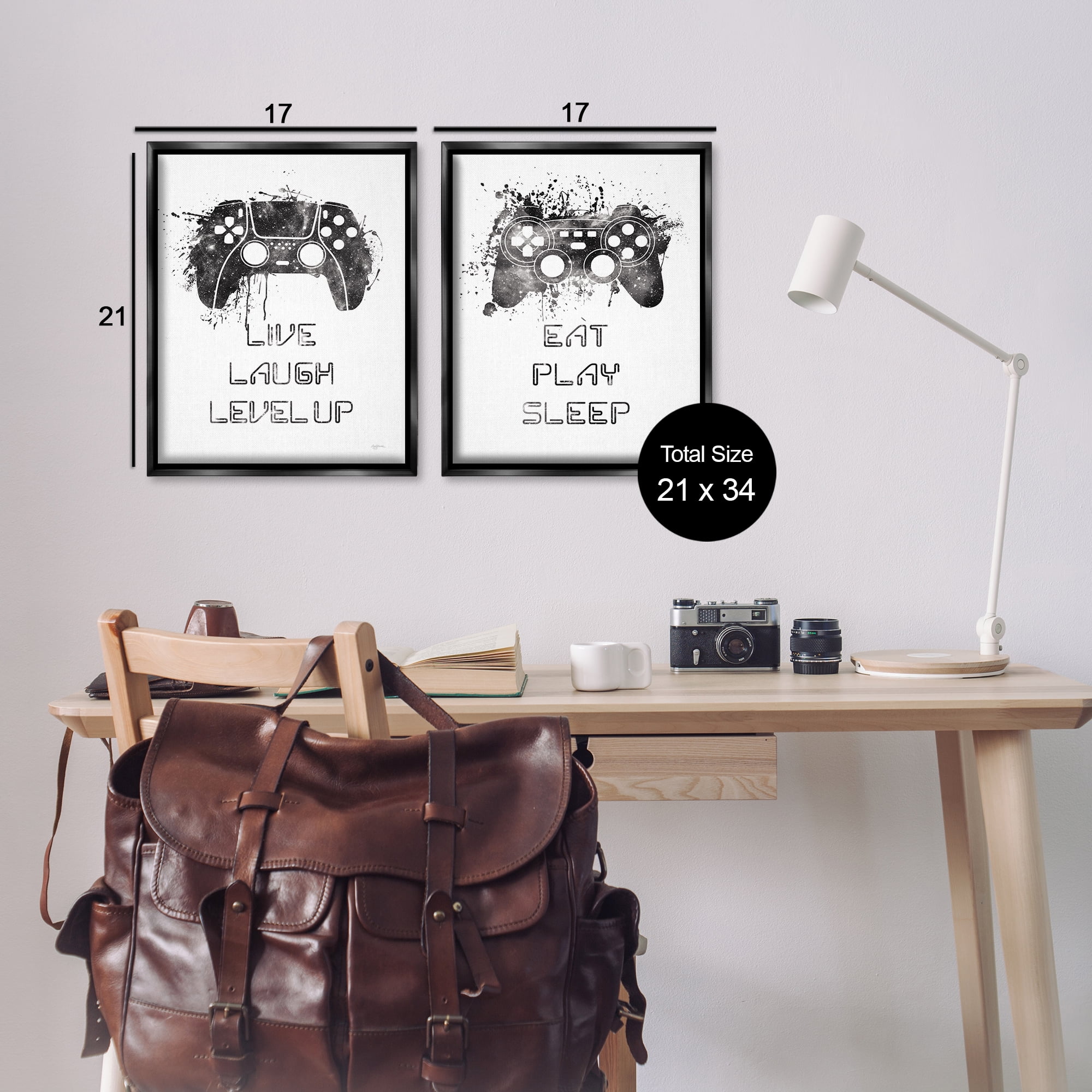 Stupell Industries Gamer Play Splash Controllers Text & Numbers Painting Black Floater Framed Canvas Art Print Wall Art, 17 x 21, Set of 2