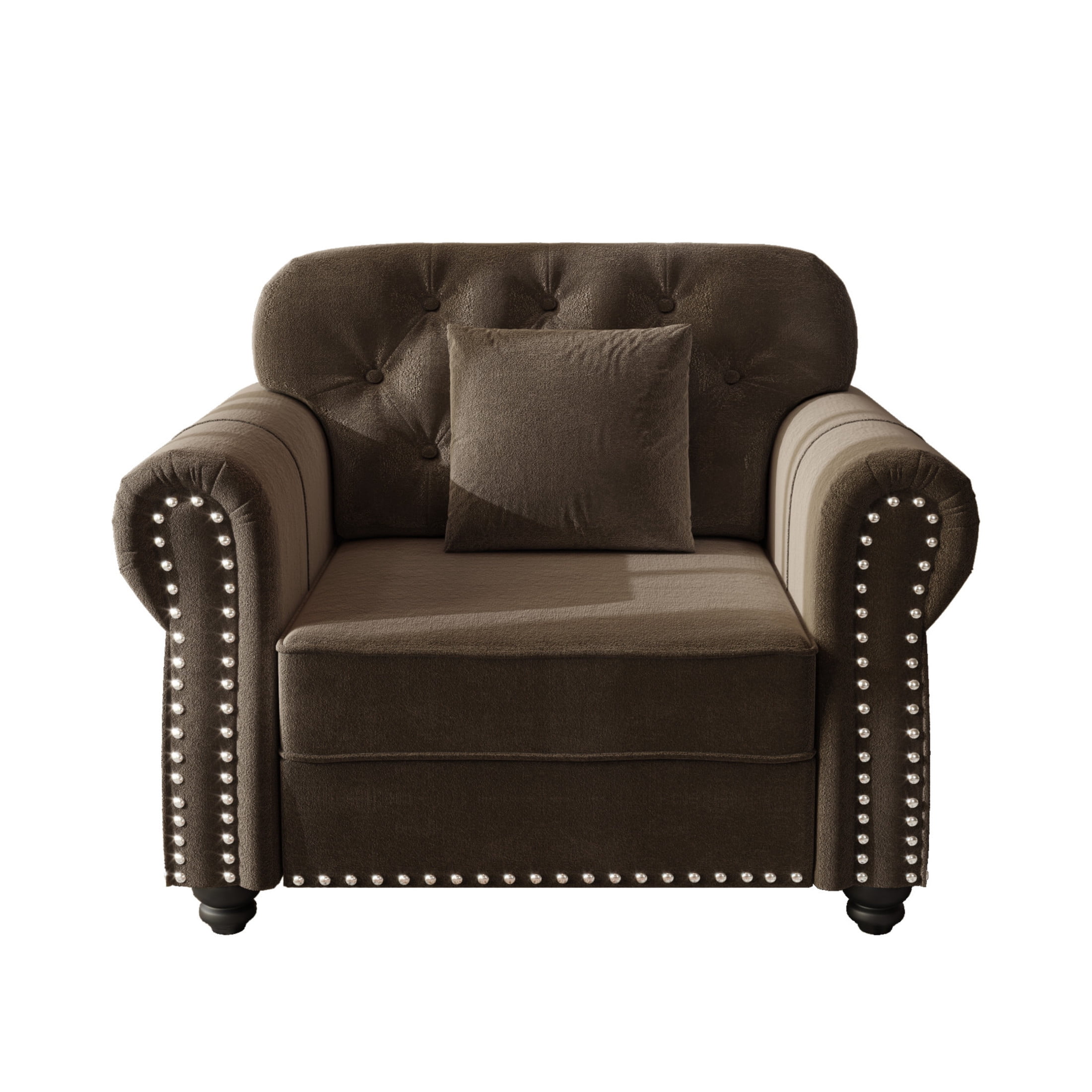 Noble House Kieran 1-Seater Velvet Chesterfield Sofa, Modern Tufted Armchair with Nailhead Trim, Brown