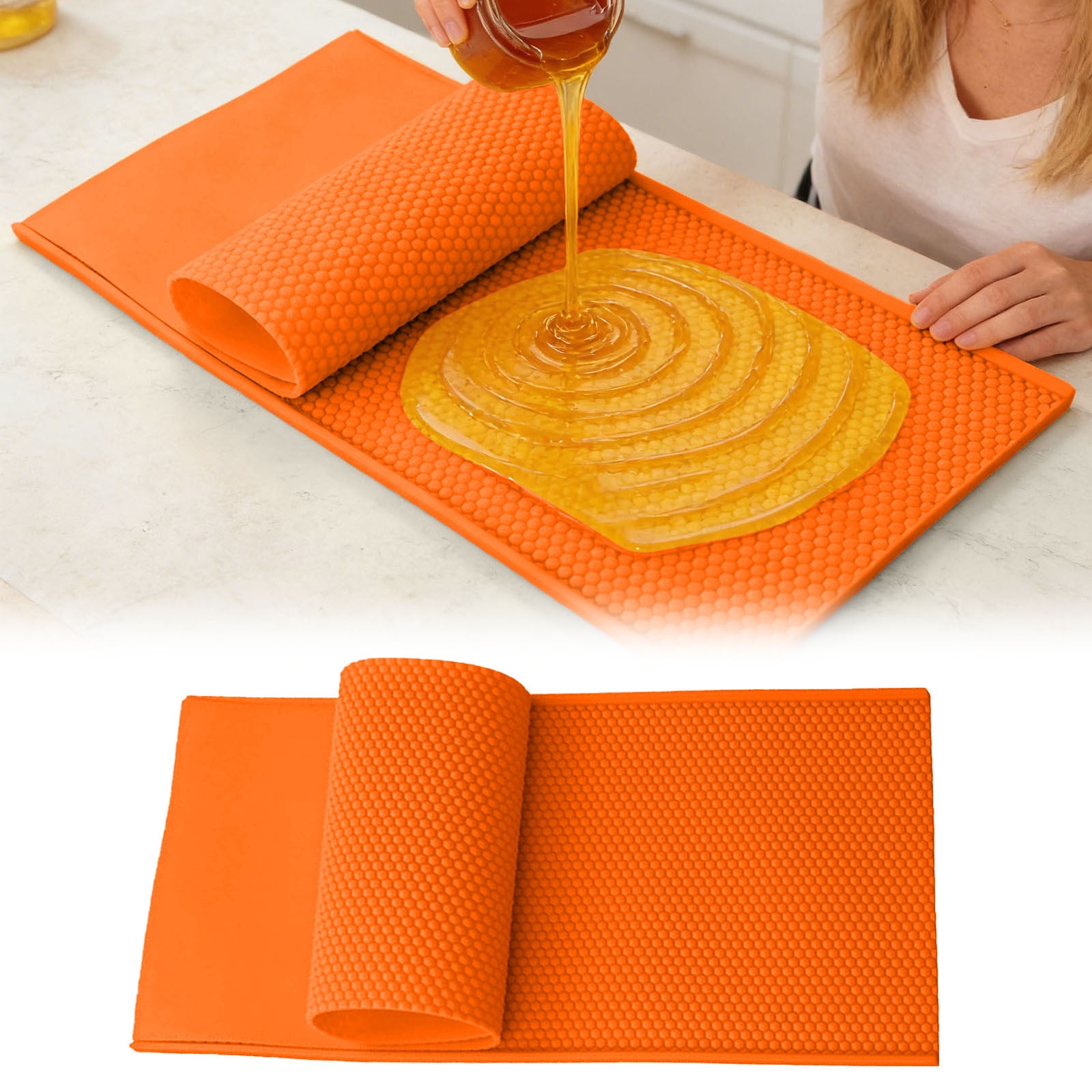 Silicone Beeswax Foundation Press Mold with Honey Scraper, 5.4mm Honeycomb 2 Sheets Non-Stick Reusable for Beekeeping and Candle Making Supplies (Orange)
