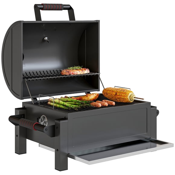 Outsunny Tabletop Charcoal Smoker with Lid, Small Barbecue, Black