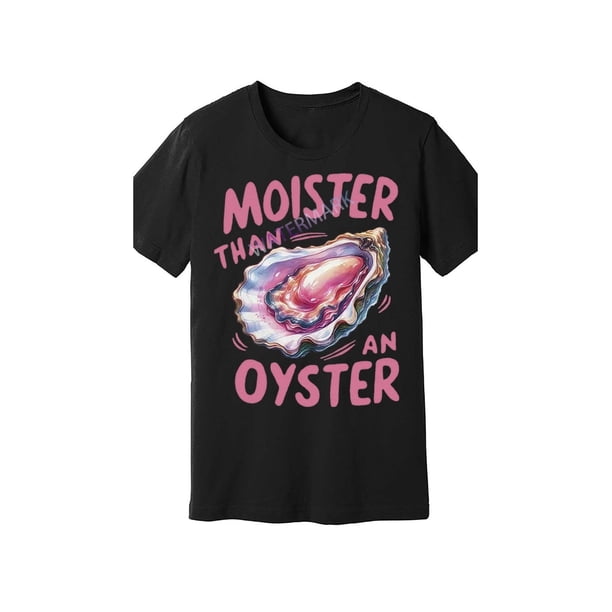 Camiseta gráfica divertida "Más húmedo que una ostra" para hombre: texto rosa intenso y diseño de mariscos, corte holgado, manga corta, color negro, lavable a máquina, ideal para ropa informal, diseño