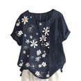 thumbnail image 4 of Uhndy Women Retro Short Sleeve Casual Loose Baggy Tunic Tops Blouse Plus Size Ladies Linen Shirts for Women Blue L, 4 of 4