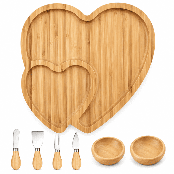 Heart‑Shaped Bamboo Charcuterie Board Set, Cheese Cutting Platter with 4‑Pack Cheese Knives and 2 Wooden Dipping Bowls, Fruit Snack Serving Tray for Wedding Party Valentine's Day