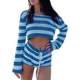 thumbnail image 1 of Gupgi 2Pcs Women Knit Outfits, Solid Color'Stripe Off Shoulder Crop Tops + Elastic Waist Shorts Set, 1 of 6