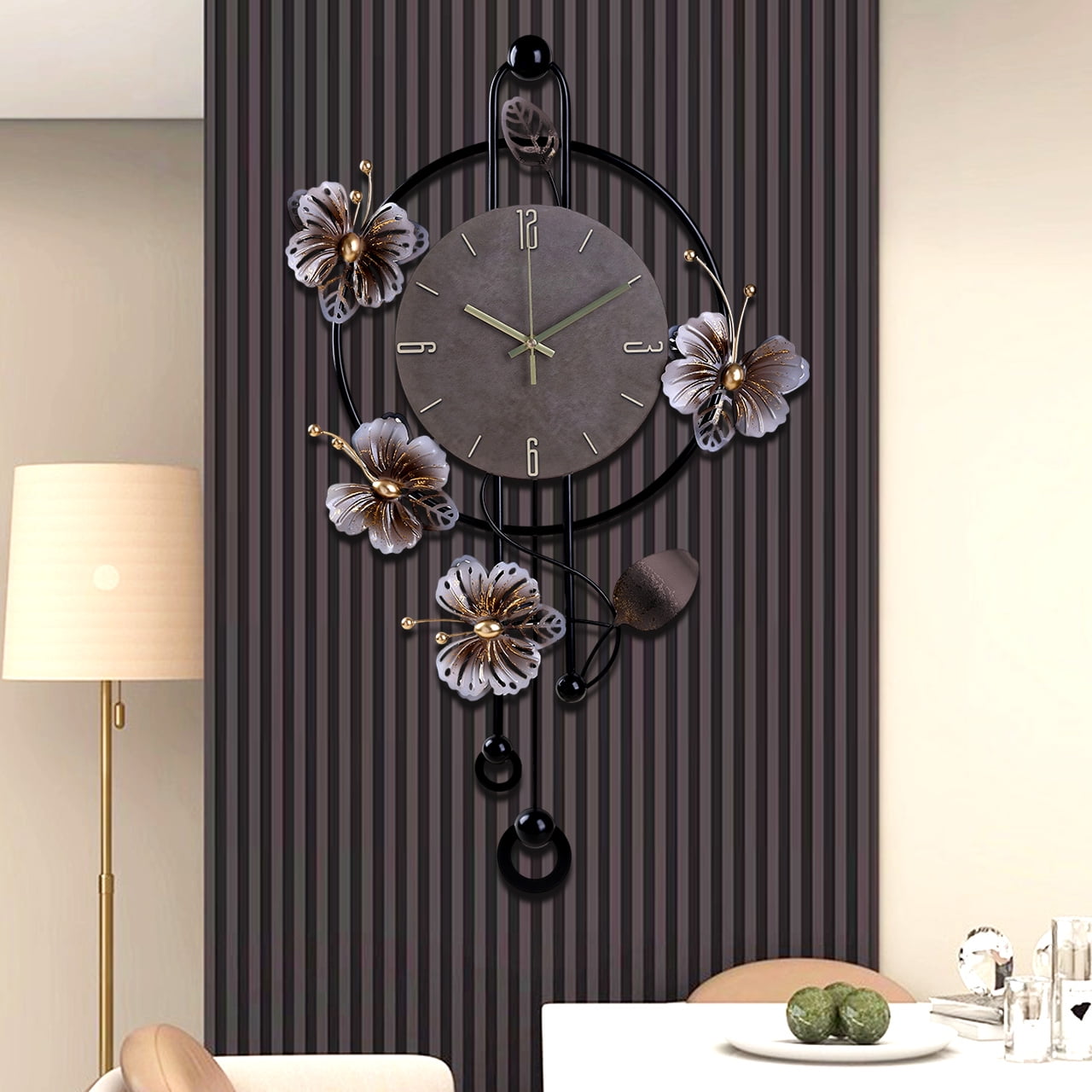 Black & Gold 3D Flower & Butterfly Luxury Wall Clock – Decorative Pendulum Clock