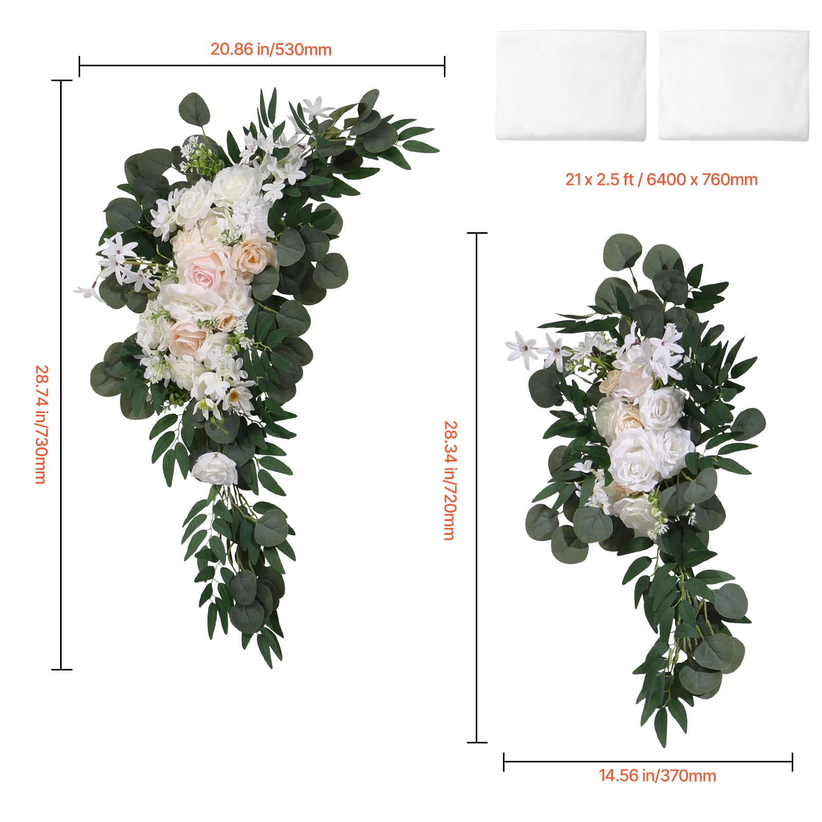 VEVOR Artificial Wedding Arch Flowers Kit, White Wedding Arch Flowers with Drapes Kit (Pack of 4) - 2 Pcs Floral Arrangement, 2 Pcs Sheer Drapes, for Ceremony Bouquets Reception Backdrop Decoration