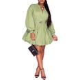 thumbnail image 2 of Womens Mini Dress Puff Sleeve Dresses  Button Down Sexy V Neck A Line Party Clubwear with Belt, 2 of 4