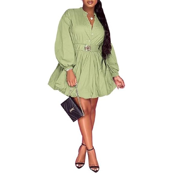 Women's Mini Dress Puff Sleeve Button Down Sexy V Neck A Line Party Clubwear Dress with Belt