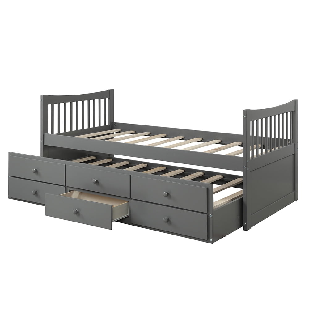 Twin Size Beds with Trundle and 3 Storage Drawers, Gray Twin Size Beds with Trundle and 3 Storage Drawers, Gray