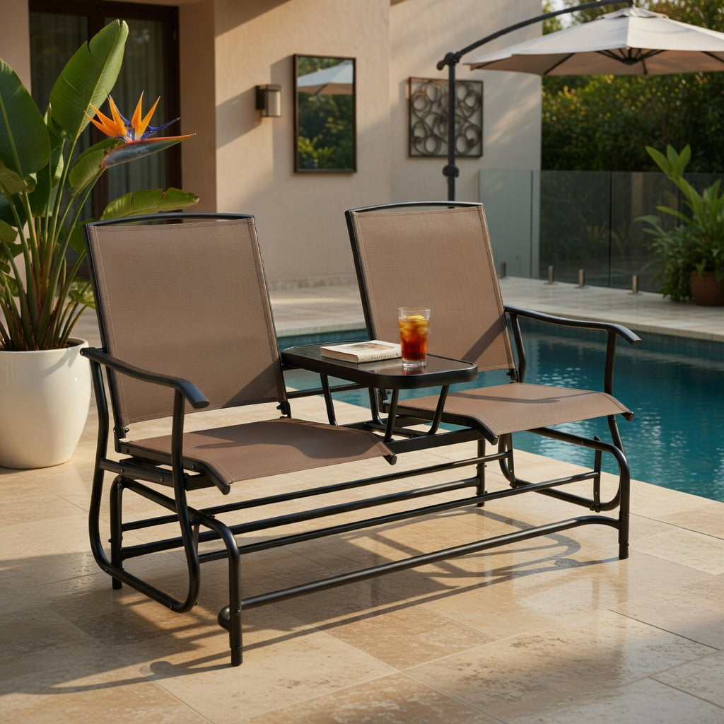 Hommoo 2-Person Outdoor Rocking Loveseat with Tempered Glass Center Table, Steel Frame Seating for Patio, Lawn & Garden, Brown