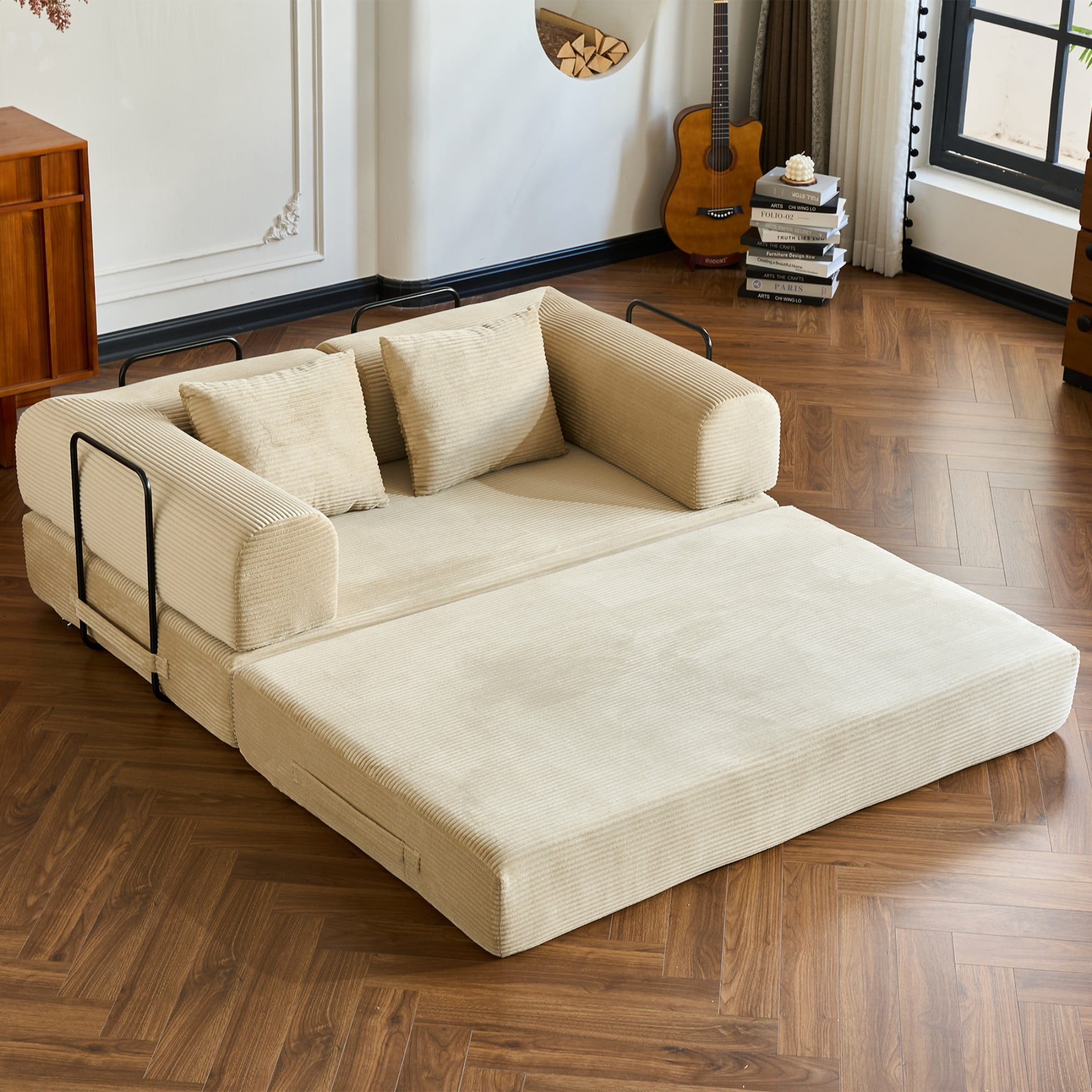 BSHTI 59" Corduroy Convertible Sleeper Sofa Bed with Cylindrical Pillow, No Assembly, Small Space for Living Room（Beige）
