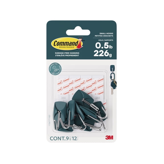 Command Small Wire Hooks, Twilight Teal, Holds .5 lbs, 9 Hooks, 12 Adhesive Strips
