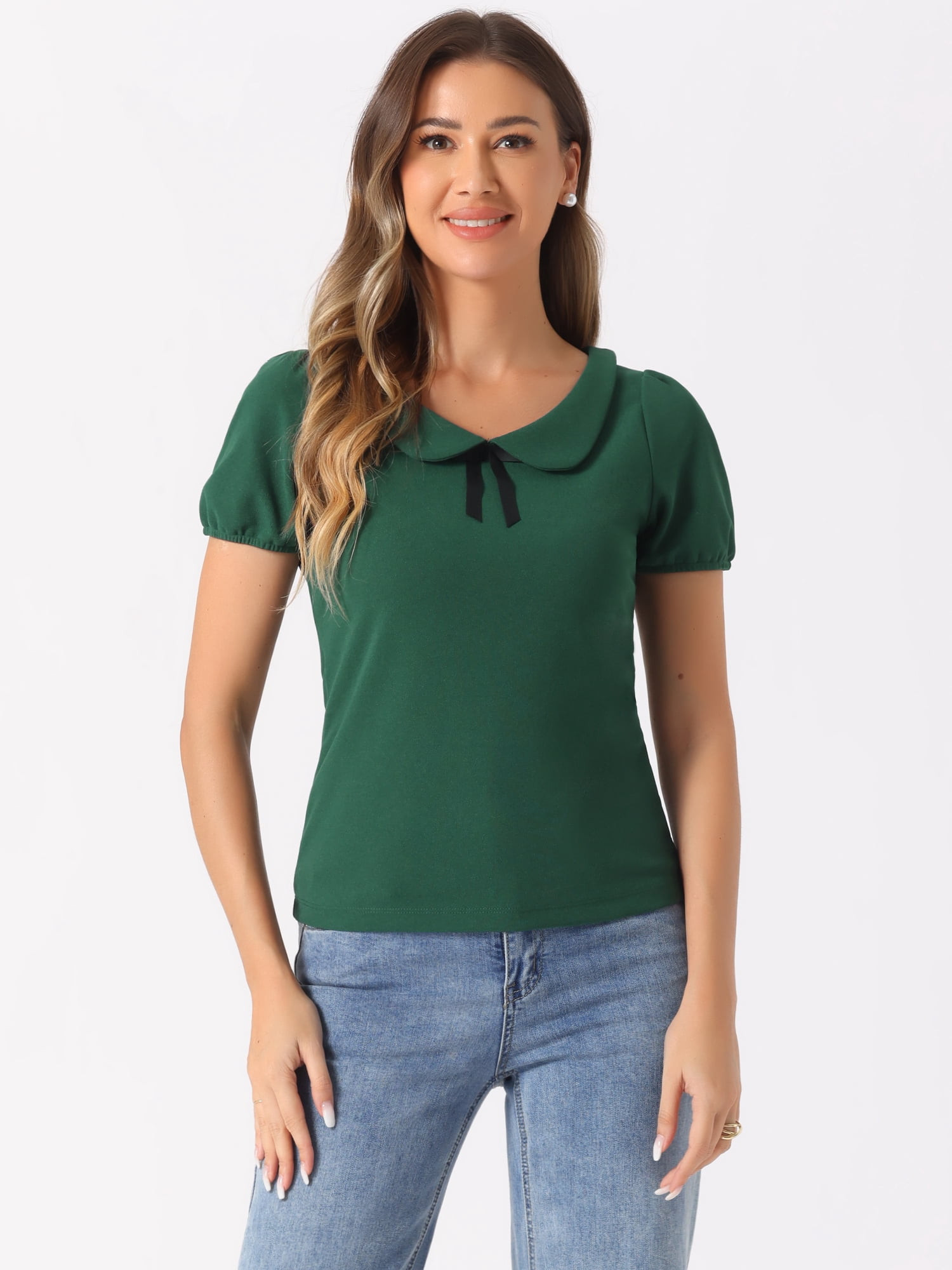DARING DIVA Flat Collar Elastic Cuff Bow Decor Blouse S Dark Green