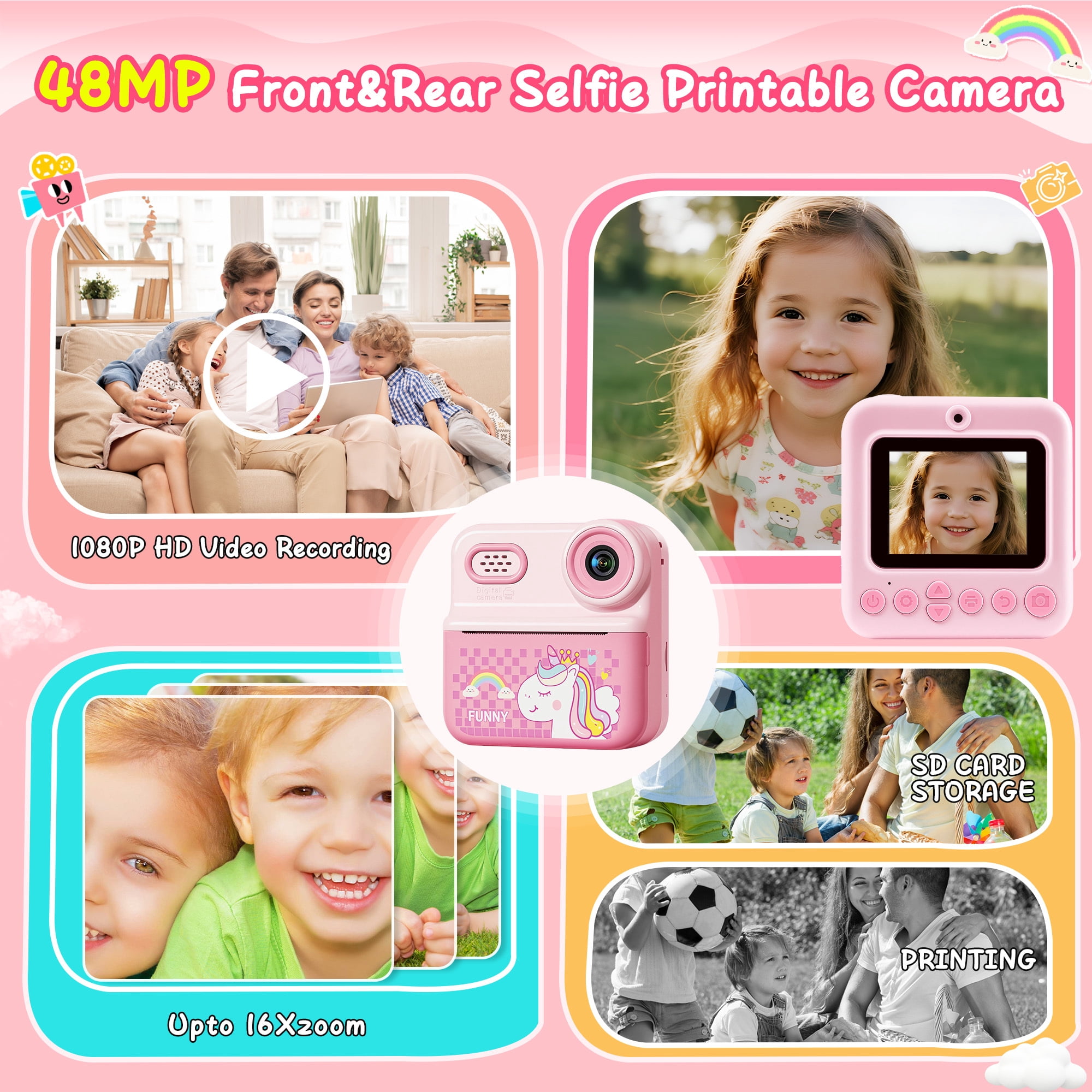 ALLJOY Instant Print Kids Camera with 64GB SD Card 1080P HD Digital Video Camera Toy for Toddler Kids, Christmas Birthday Gift for Girls Ages 3-12