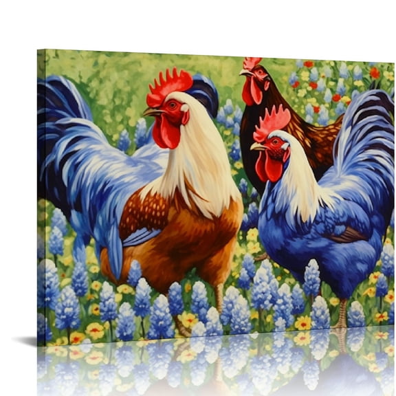 MAXIAO Texas Farmhouse Canvas Wall Art Rooster Chicken in Bluebonnet Flower Field Paintings Prints Farm Aniaml Artwork Framed for Home Living Room Kitchen Decoration