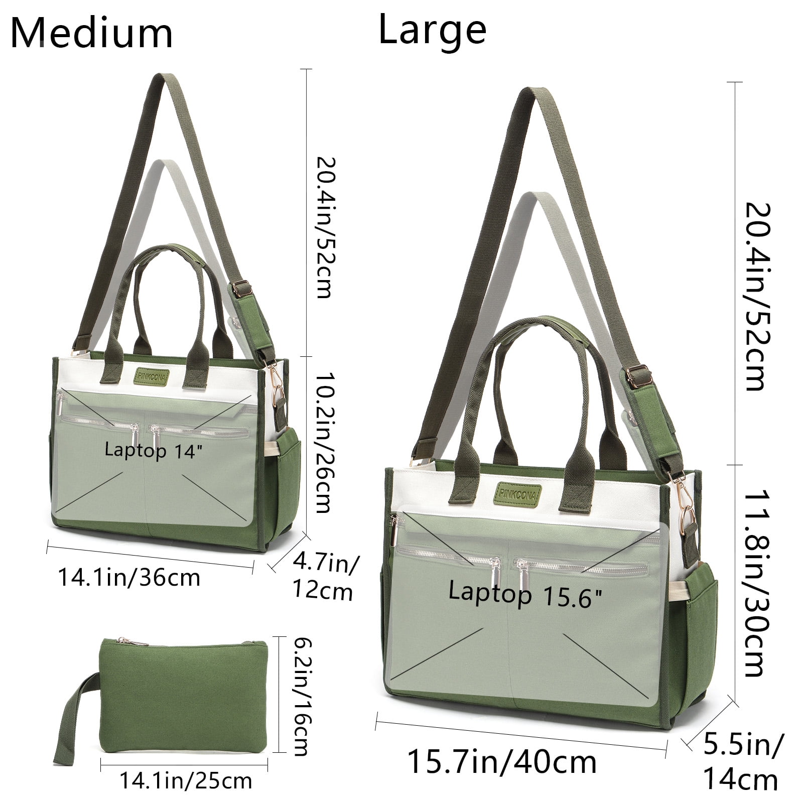 2PCS Women's Large Canvas Tote Bag Set, Multi-Pocket Laptop Shoulder & Crossbody Bag with Zipper and Pouch for Work, Teacher, College, Travel