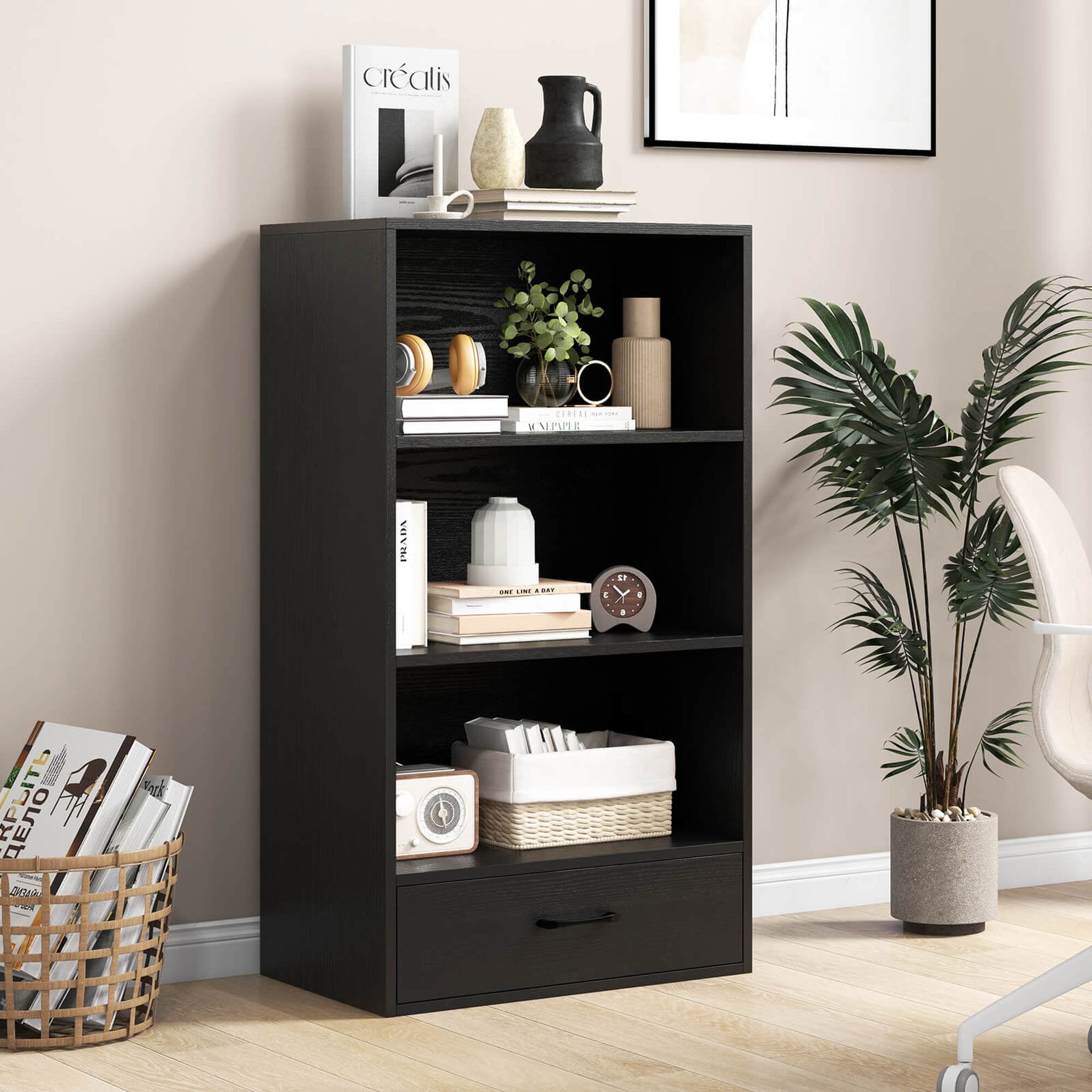 Costway 42'' Tall 4-tier Storage Shelf Wood Bookcase with Drawer Home Organizer Display Rack Black