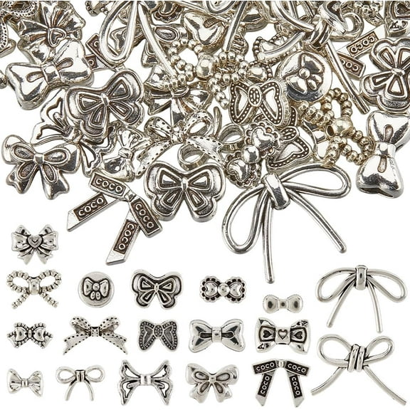 1 Box 72pcs Bow Beads Mini Bow Bead Antique Silver Small Mini Fashion Alloy Metal Butterfly Bowknot Tie Spacers Bead for Jewelry Making Bracelets Keychains Gift DIY Accessories Supplies