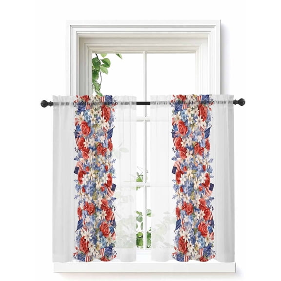 Blue Red 4th of July Curtains 54 Inch Length,Sheer Curtains for Bedroom Living Room Window Independence Day Flowers Red Blue Rod Pocket Drapes Kitchen Curtains Small Half Window 42"x54" 2 Panels