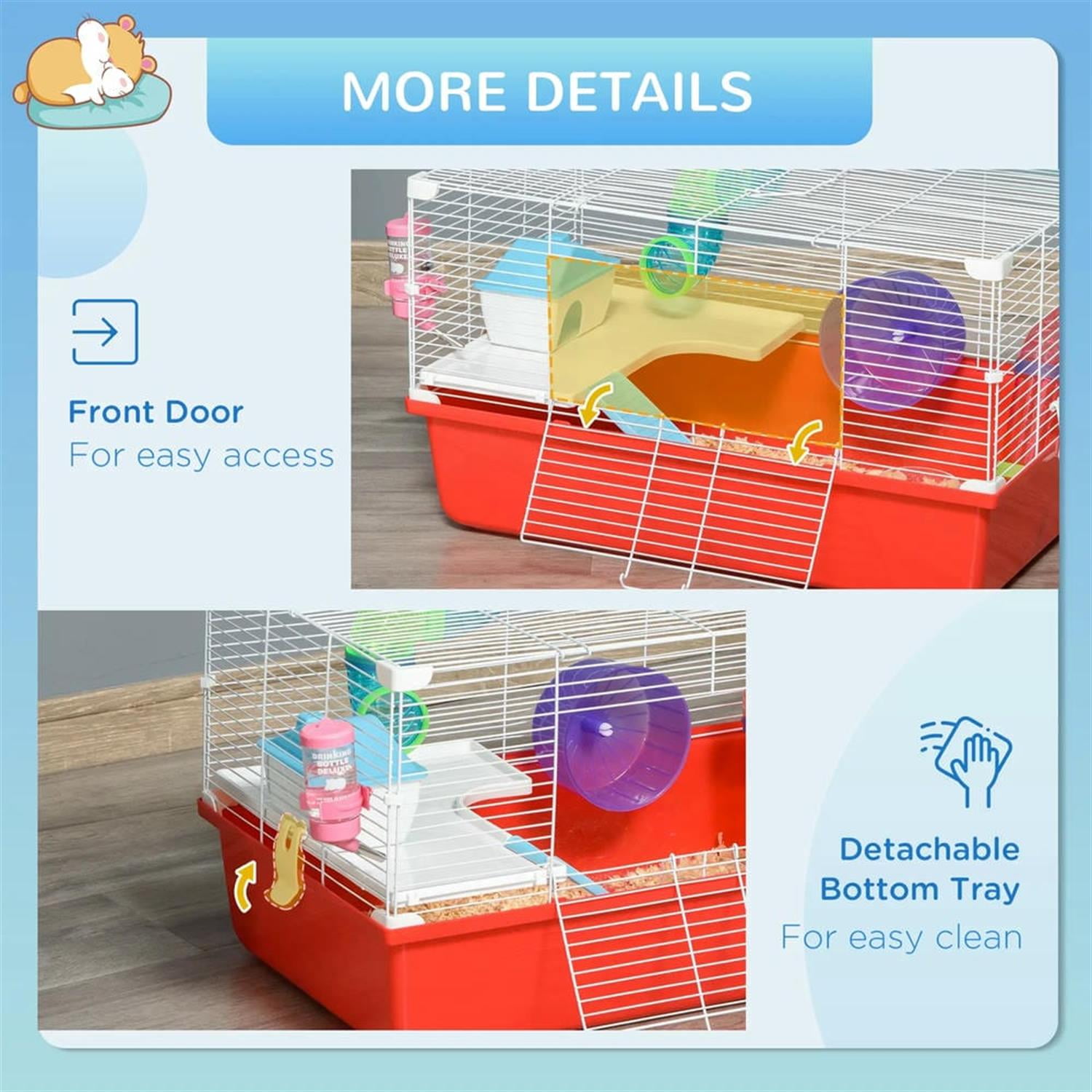 Kadyn 23" 2 Tiers Hamster Cage, Rodent Gerbil Mouse Mice Rat Wire Cage with Exercise Wheels and Water Bottle for Small Animal Habitats, Red