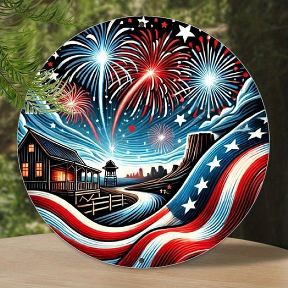 American Flag Swirl with Fireworks & Farmhouse Round Aluminum Metal Wall Art - Patriotic Hanging Sign Wall Decor, 1pc, 8" Wall Art Sign, For Porch, Garden, Room, Home, Ideal Gifts, Weather, 2D Flat